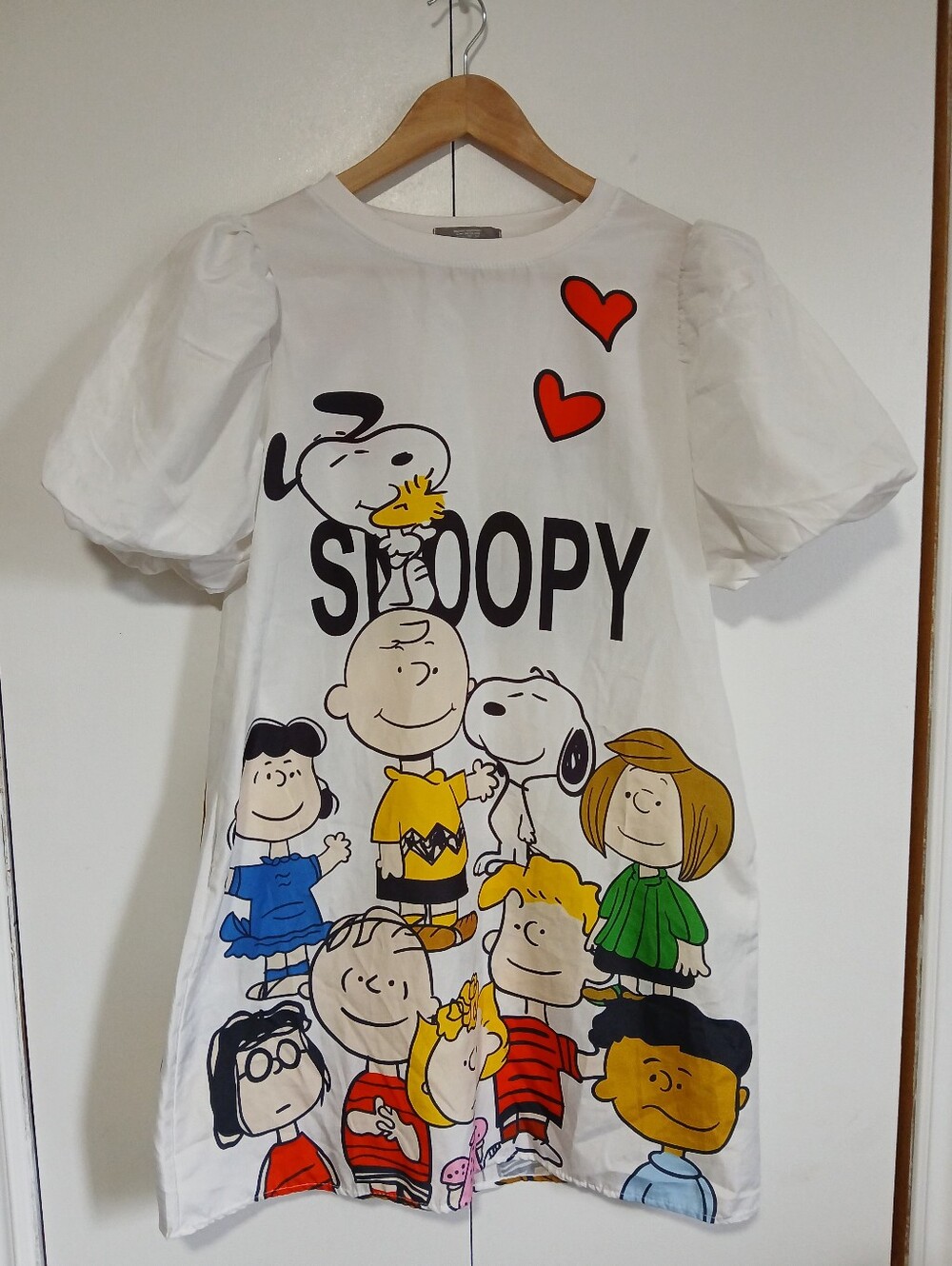 Snoopy Peanuts Gang Graphic Mini T-Shirt Dress Puff Sleeve Pocket White M